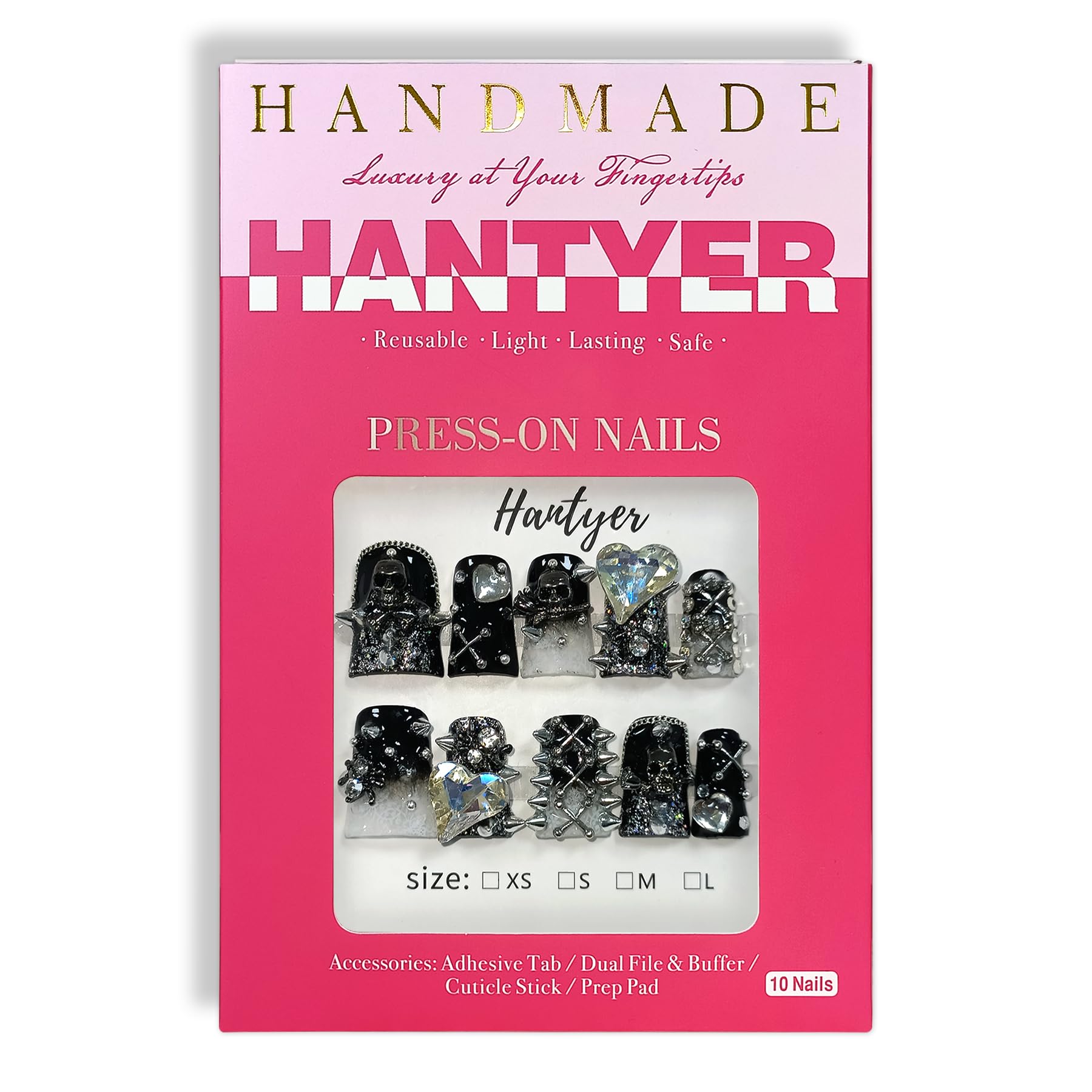 Hantyer 10pcs Short Duck Nails in Punk Style, Black Ombre Press on Nails with Metal Studs, Large Heart Rhinestones & Skull Charms, Reusable Gothic False Nails for Women Party Club Night