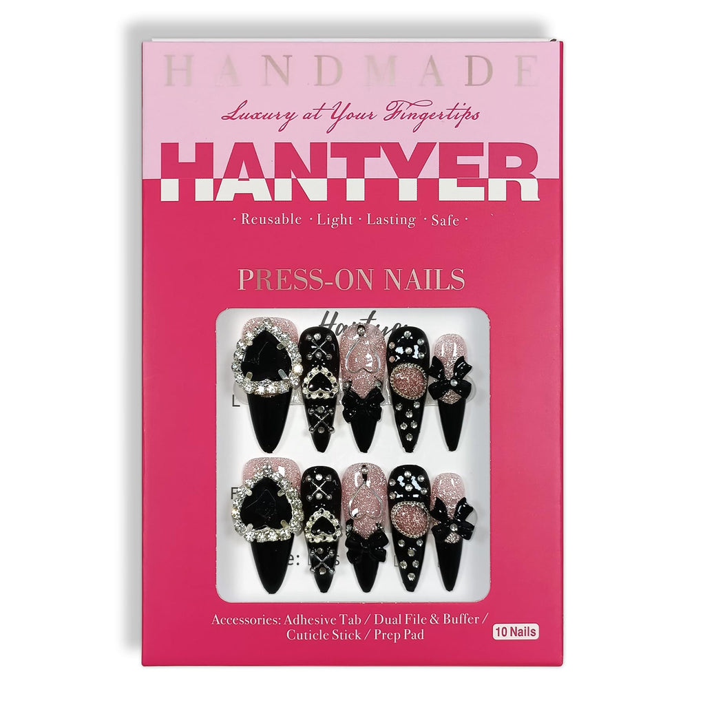 Hantyer Y2K Kawaii Goth Press on Nails with Tools Kit, Long Stiletto Glossy Black Nails, Pink Cat Eye with Black Heart Rhinestones & Bows, Edgy Cute Style for Concerts & Nightlife