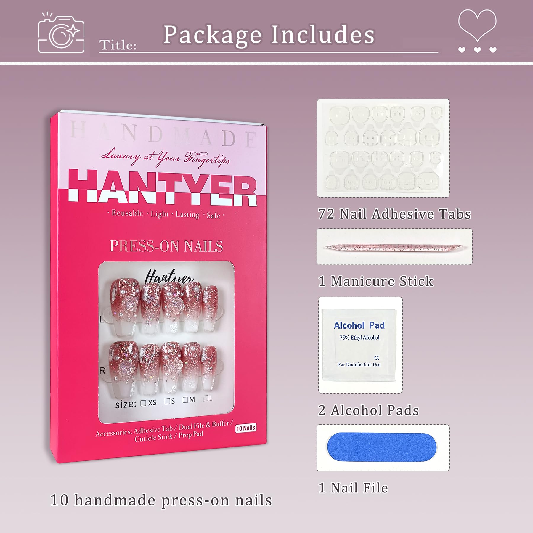 Hantyer Medium Ballet Press On Nails,Handmade Soft Gel Winter Fall Fake Nails in Camellia Gradient Pink Gypsum Pearl Design, Full Cover Thick Acrylic False Nails for Women 10PCS Tools Kit