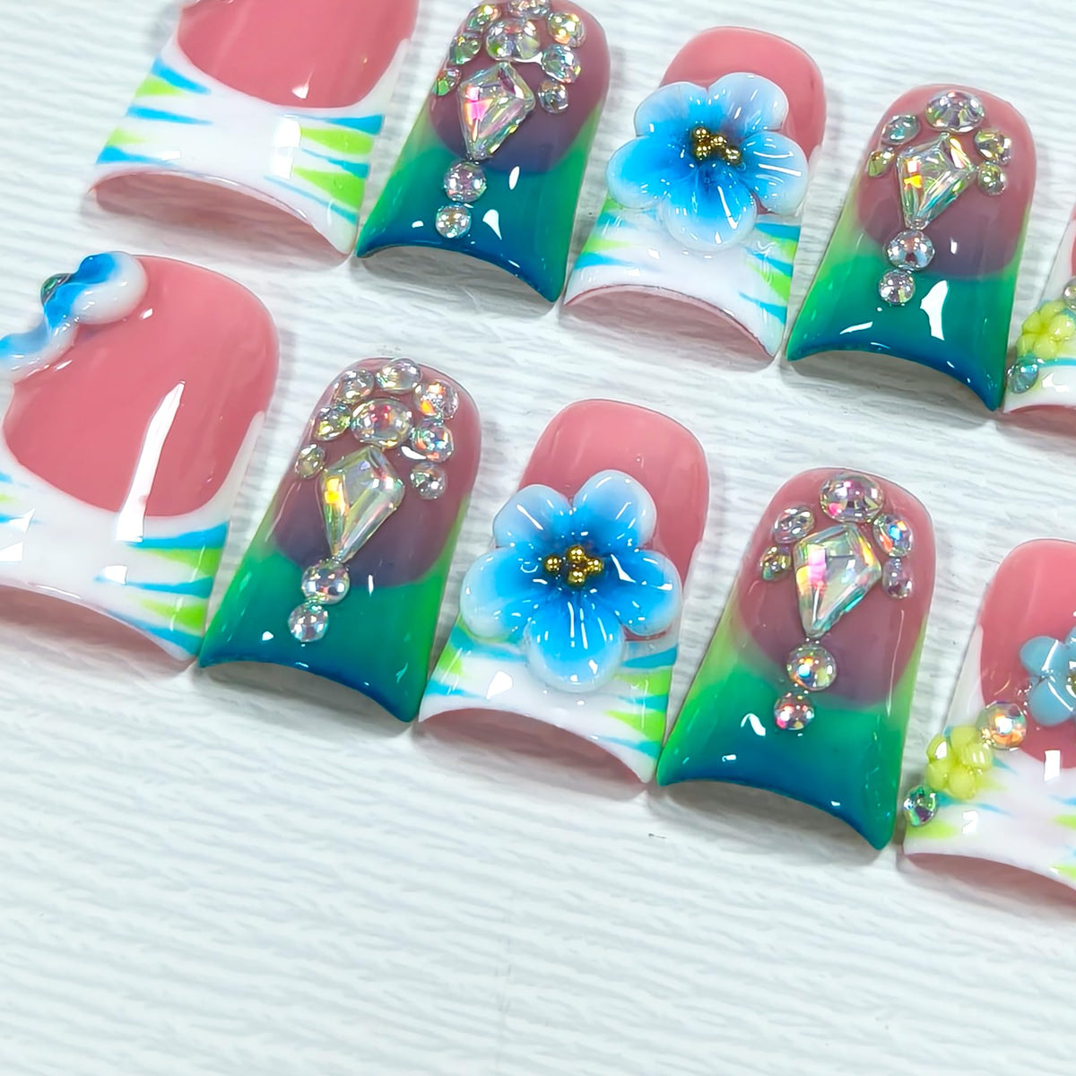 Hantyer Green White Ombre French Tip Press on Nails with 3D Floral Carving, Water Ripple & Crystal Rhinestones, Lipstick Shape Glossy Iced Sweet Cute Fake Nails, Kawaii Glam False Nails
