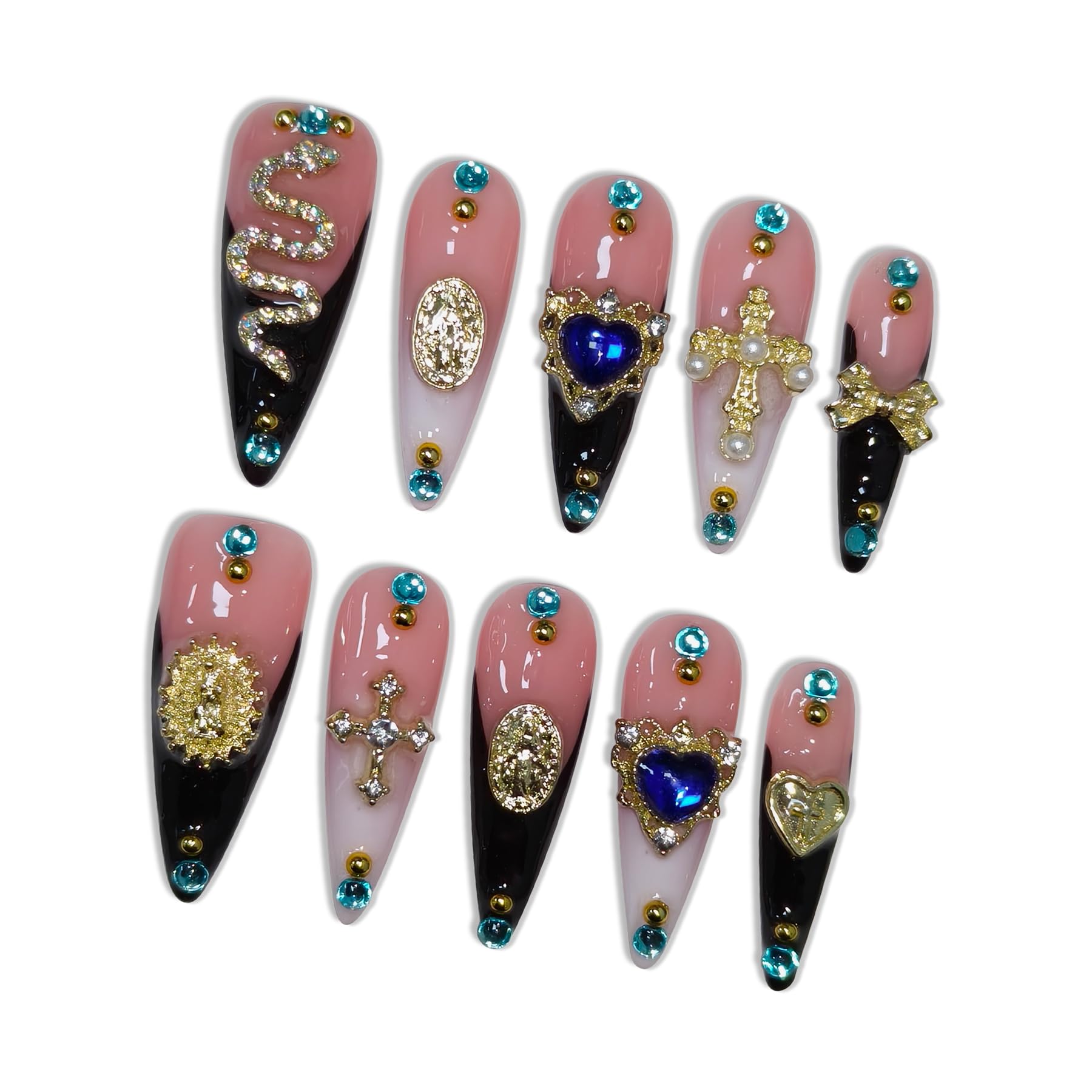 Hantyer Black French Tip Press on Nails with 3D Metal Snake, Cross Charms & Rhinestones, Long Stiletto Glossy Iced Edgy Chic Fake Nails, Reusable Gothic Glam False Nails for Women Party