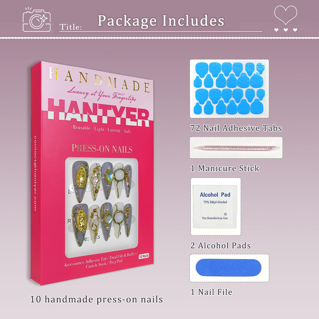 Hantyer Lavender Press on Nails with 3D Water Droplets, Madonna Medals & Pearls, Long Stiletto Glossy Iced Baroque Fake Nails, Reusable Edgy Luxury False Nails for Women Party Opera Gala