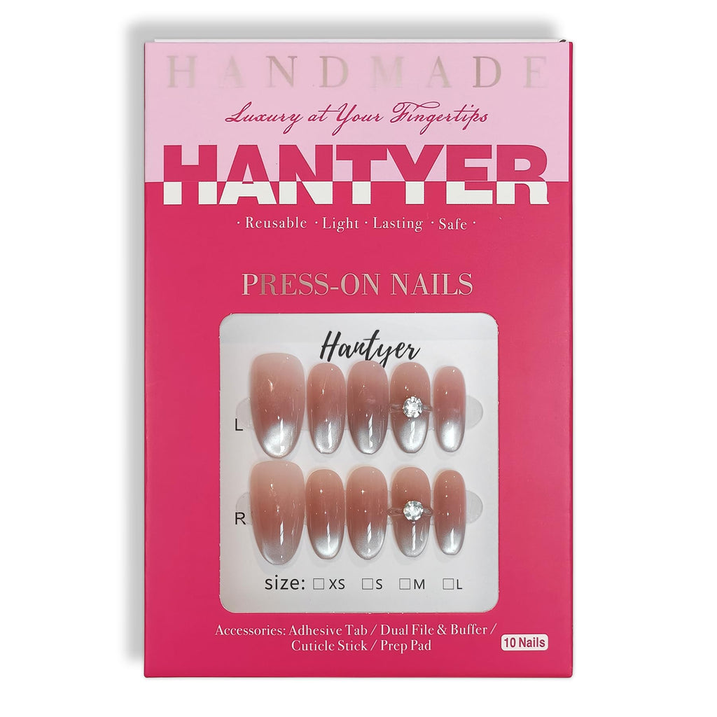 Hantyer Medium Oval Press On Nails, Handmade Soft Gel Nude Pink Ombre Glossy Fake Nails with 3D Diamond Ring Accent, Gradient Design Full Cover Reusable False Nails for Women 10PCS Kit
