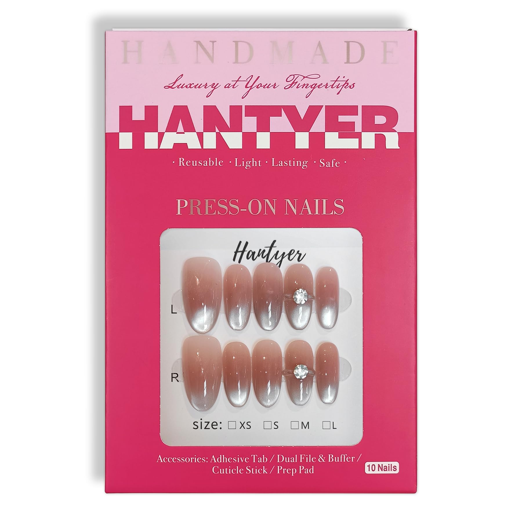 Hantyer Medium Oval Press On Nails, Handmade Soft Gel Nude Pink Ombre Glossy Fake Nails with 3D Diamond Ring Accent, Gradient Design Full Cover Reusable False Nails for Women 10PCS Kit