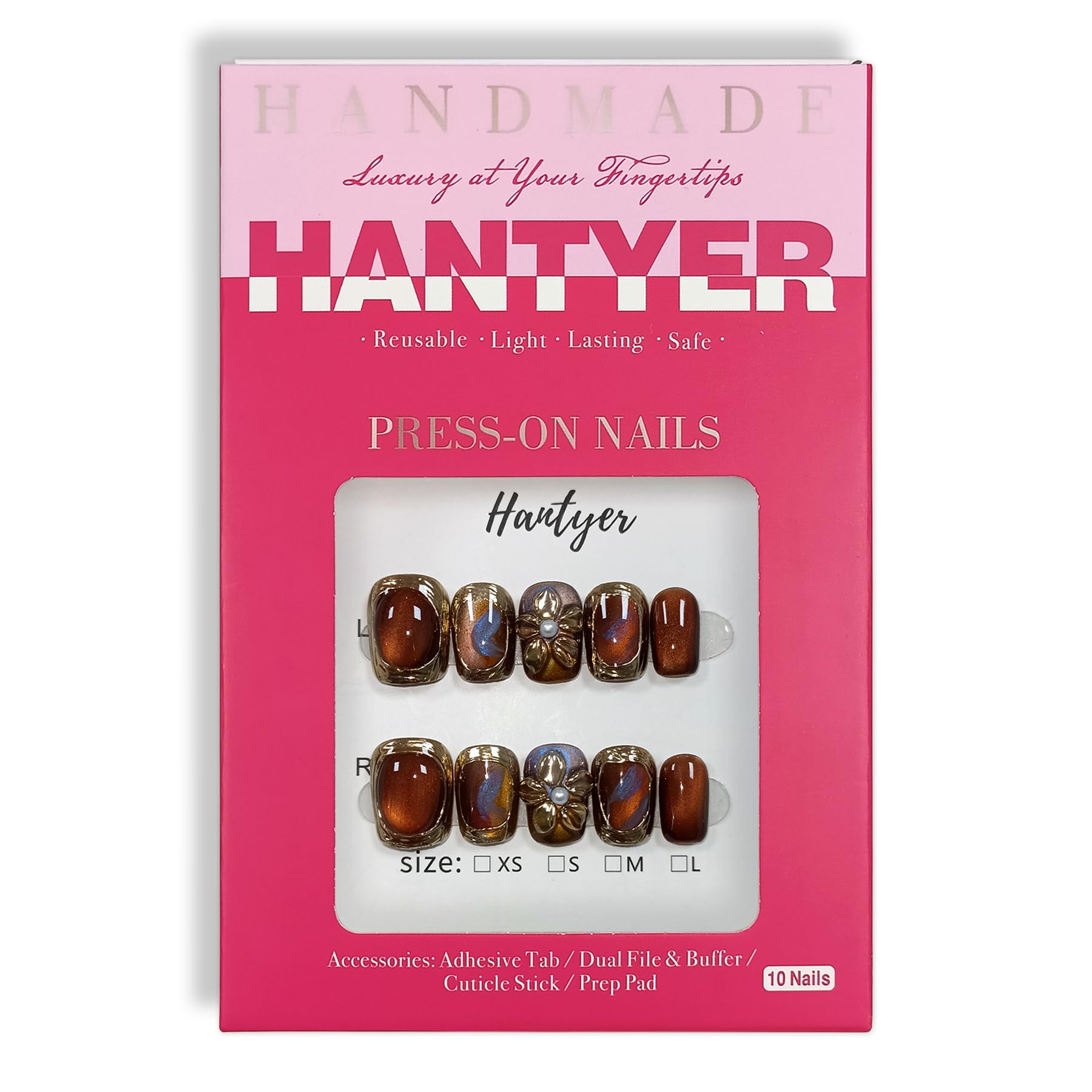 Hantyer 10pcs Press On Nails Vintage Amber with Hand-Painted 3D Gold Flowers and Metal Accents, Short Square Glossy False Nails, Reusable, Easy to Apply, Portable for Parties