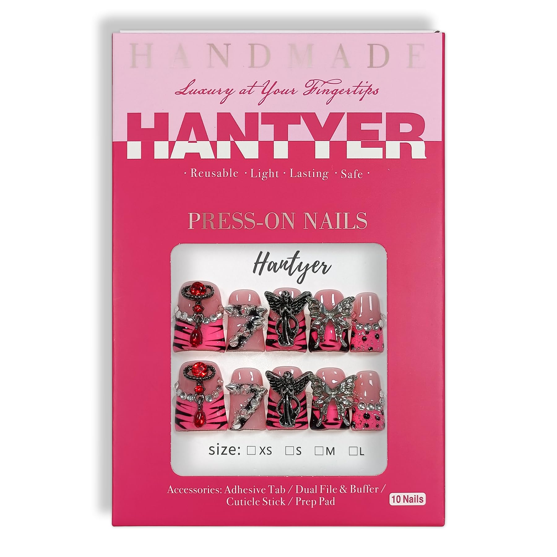 Hantyer 10pcs Edgy French Press on Nails with Tools Kit, Short Duckbill Glossy Pink Leopard French Tips, Cross & Butterfly 3D Carvings, Icy Dark Style, Reusable & Easy Apply for Parties