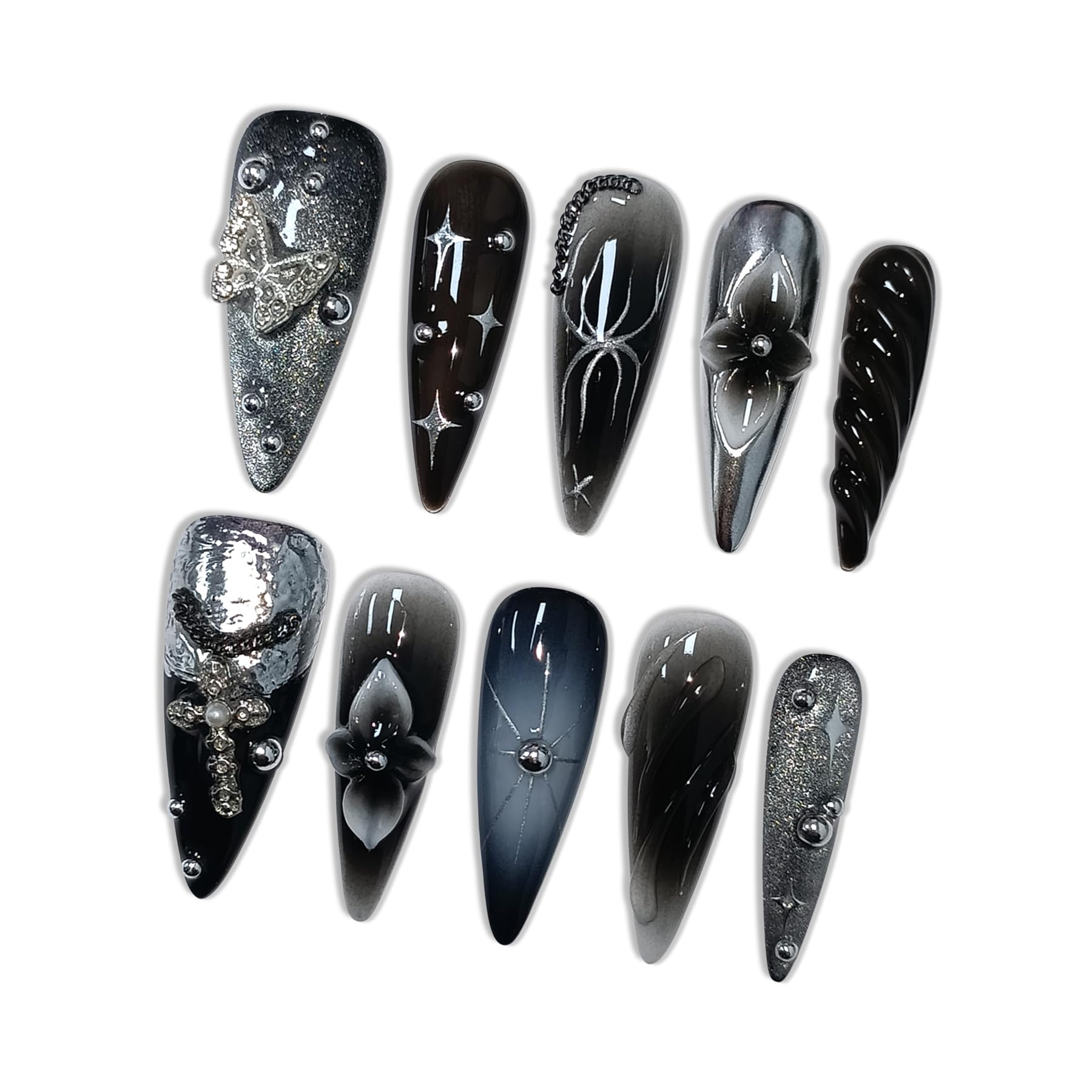 Hantyer Black Grey Press on Nails with 3D Carving Flowers, Silver Butterflies & Cross Charms, Long Stiletto Glossy Edgy Fake Nails, Reusable Dark Feminine False Nails for Women Goth Party