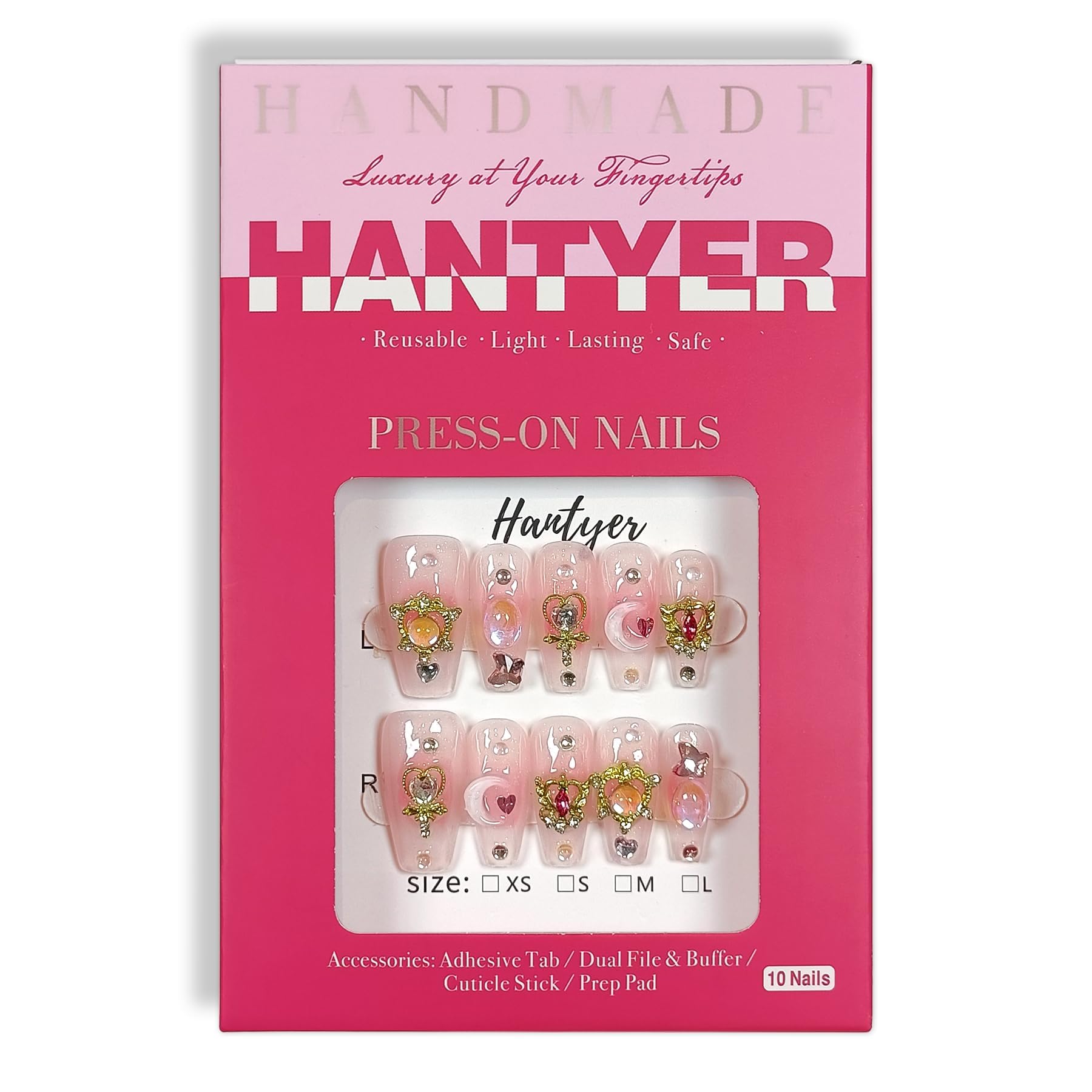 Hantyer Y2K Press on Nails with Tools Kit, Medium Long Coffin Glossy Nails, Fake Nails in Pastel Pink, False Nails with 3D Moon Charms, Kawaii Style for Anime Parties & Special Events