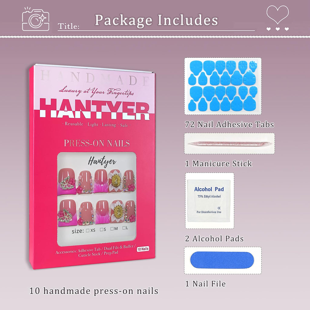 Hantyer 10pcs Pink French Tips Press On Nails Sweet Style, Short Duckbill Nails with Rhinestones, Metal Decor & 3D Floral Embossing, Glossy Icy Finish, Reusable Fake Nails Easy to Apply