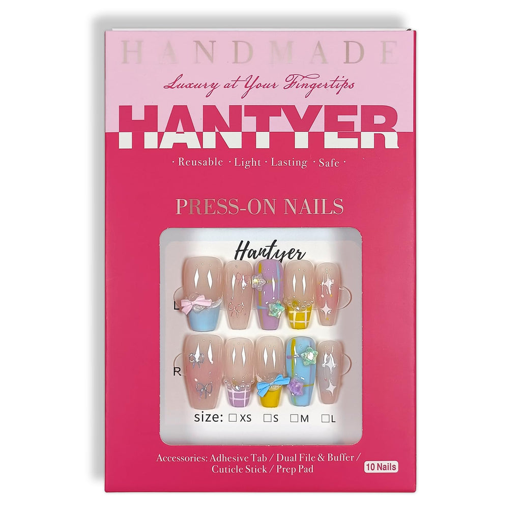 Hantyer Press on Nails, Long Coffin Fake Nails with Checkered Pattern, Star & Bow Accents, Dopamine Color French Tips, Reusable Nails Cute Summer Style for Women