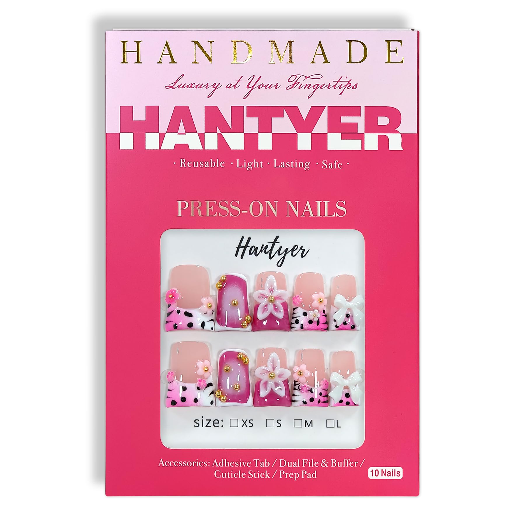 Hantyer 10pcs Pink Leopard French Tip Press on Nails with 3D Carved Flowers & White Bow Charms, Short Duckbill Glossy Iced Sweet Fake Nails, Reusable Kawaii False Nails for Birthday Party