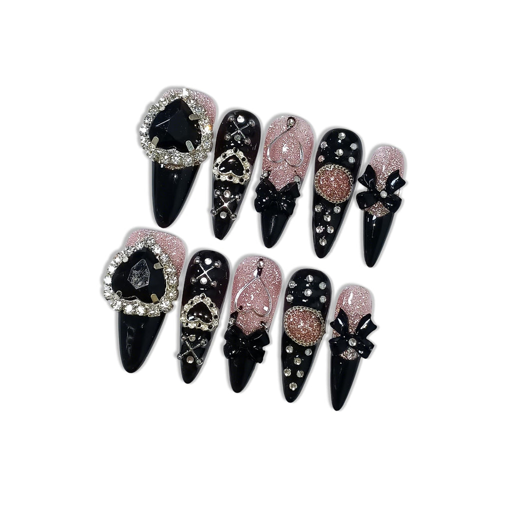 Hantyer Y2K Kawaii Goth Press on Nails with Tools Kit, Long Stiletto Glossy Black Nails, Pink Cat Eye with Black Heart Rhinestones & Bows, Edgy Cute Style for Concerts & Nightlife