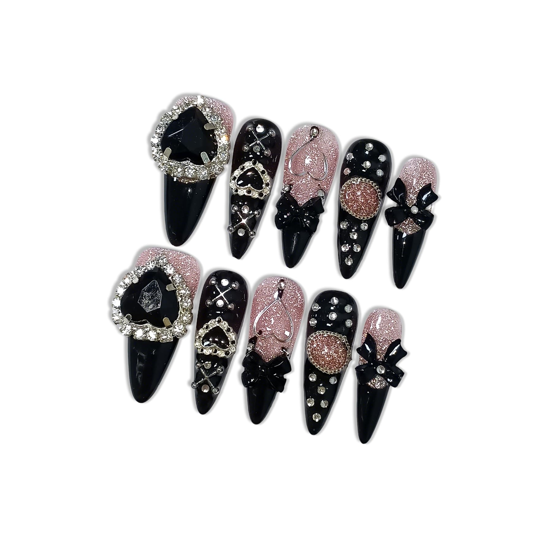 Hantyer Y2K Kawaii Goth Press on Nails with Tools Kit, Long Stiletto Glossy Black Nails, Pink Cat Eye with Black Heart Rhinestones & Bows, Edgy Cute Style for Concerts & Nightlife