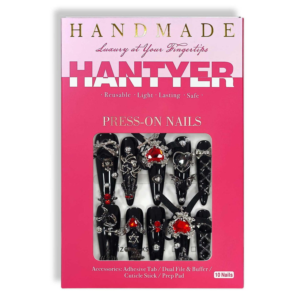Hantyer Black Press on Nails with Red Spider, Heart Rhinestones & Silver Decor, Long Stiletto Glossy Gothic Fake Nails, Reusable Dark Edgy False Nails for Women Halloween Party Goth Concert