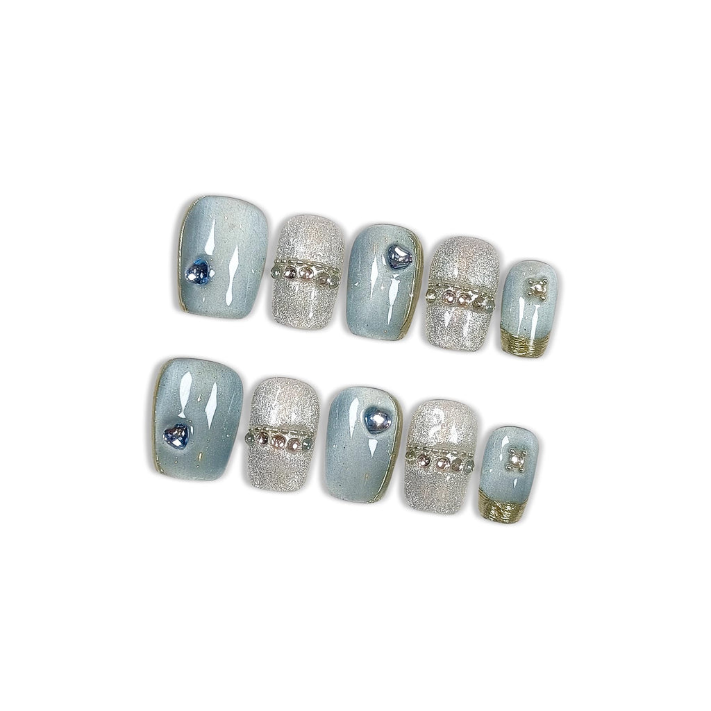 Hantyer Squoval Press On Nails, Handmade Soft Gel Blue And Silver Fake Nails with Silver Bead Accents, Shimmering Glitter Design Full Cover Reusable False Nails 10PCS Kit