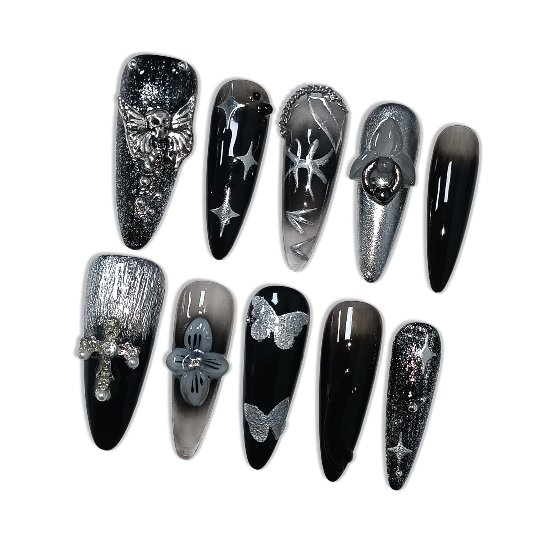 Hantyer Black Press on Nails with 3D Floral Carving, Skull & Cross Charms, Long Stiletto Glossy Punk Fake Nails, Reusable Edgy Gothic False Nails for Women Concert Night Party