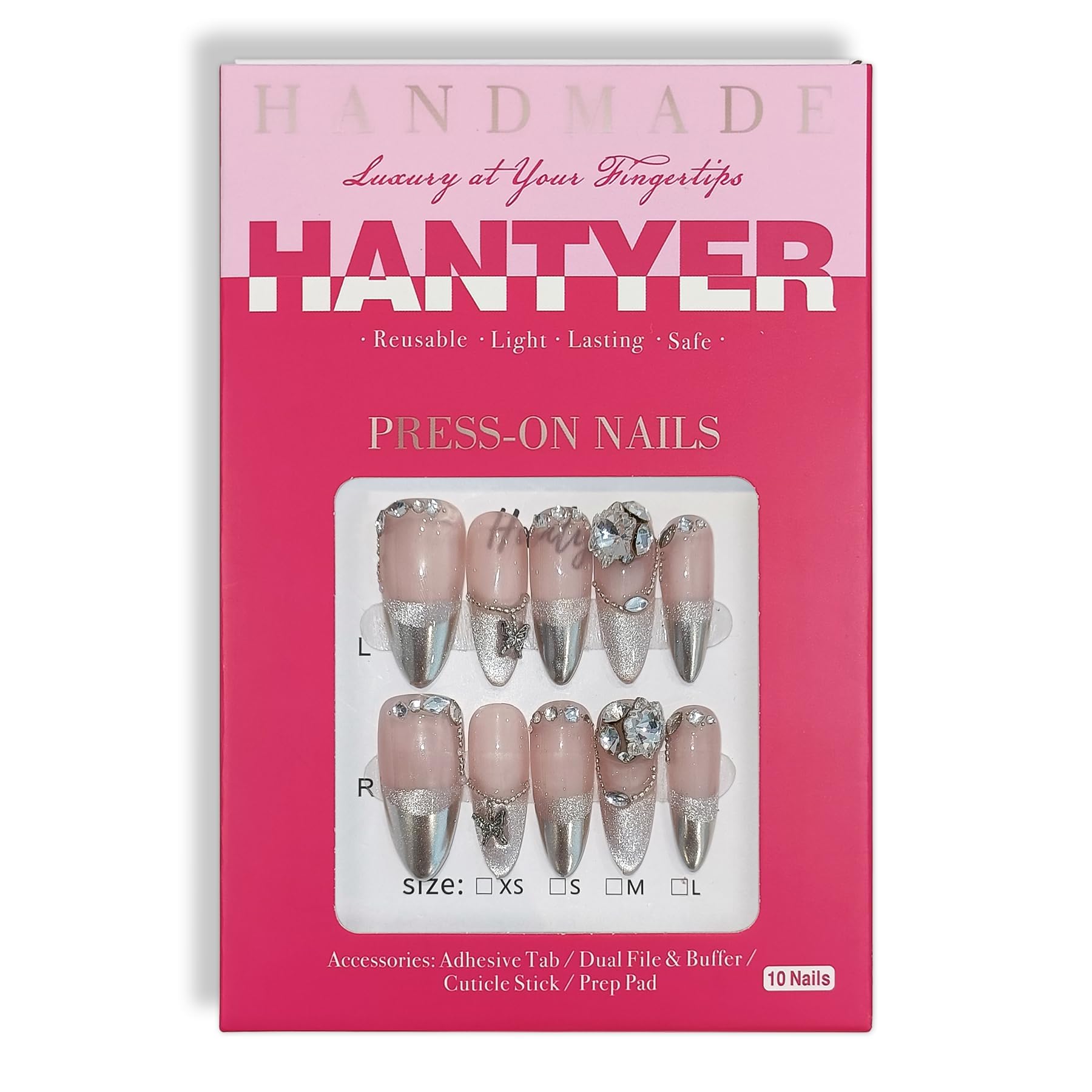 Hantyer French Silver-Tip Press on Nails with Tools Kit, Long Stiletto Glossy Nails in Nude, False Nails with 3D Crystal Vintage Design, Reusable Nails in Old Hollywood Glam for Women