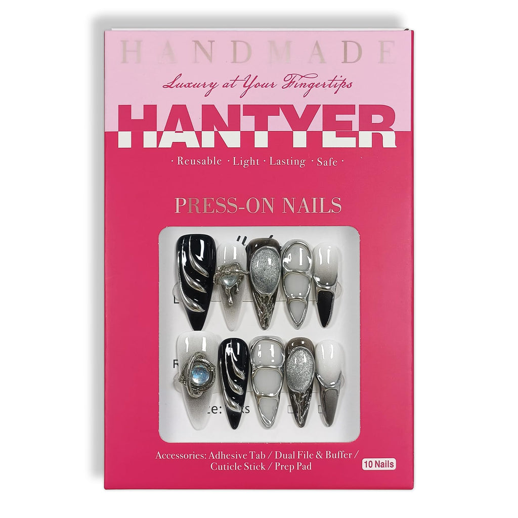 Hantyer Gothic Press on Nails with Tools Kit, 10pcs Long Stiletto Glossy Nails in Black & Metallic Silver, Hand-Painted 3D Art & Round Cat Eye Charms, Edgy Style for Concerts & Parties