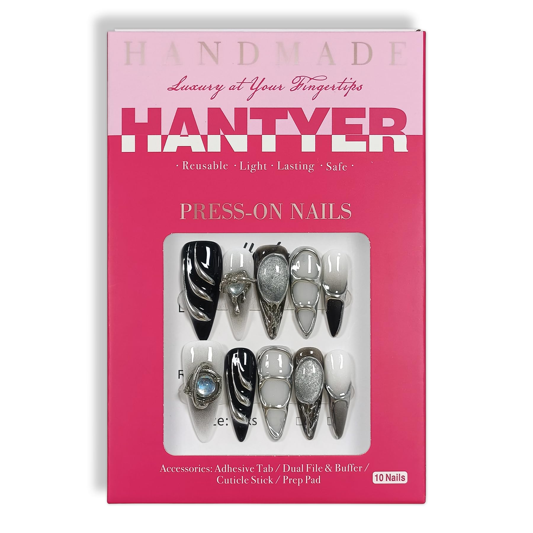 Hantyer Gothic Press on Nails with Tools Kit, 10pcs Long Stiletto Glossy Nails in Black & Metallic Silver, Hand-Painted 3D Art & Round Cat Eye Charms, Edgy Style for Concerts & Parties