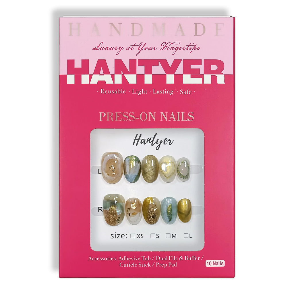 Hantyer Golden Ombre Press on Nails with 3D Glitter Flakes & Gold Foil, Short Oval Glossy Soft Glam Fake Nails, Reusable Elegant False Nails for Women Fall Winter Season Party