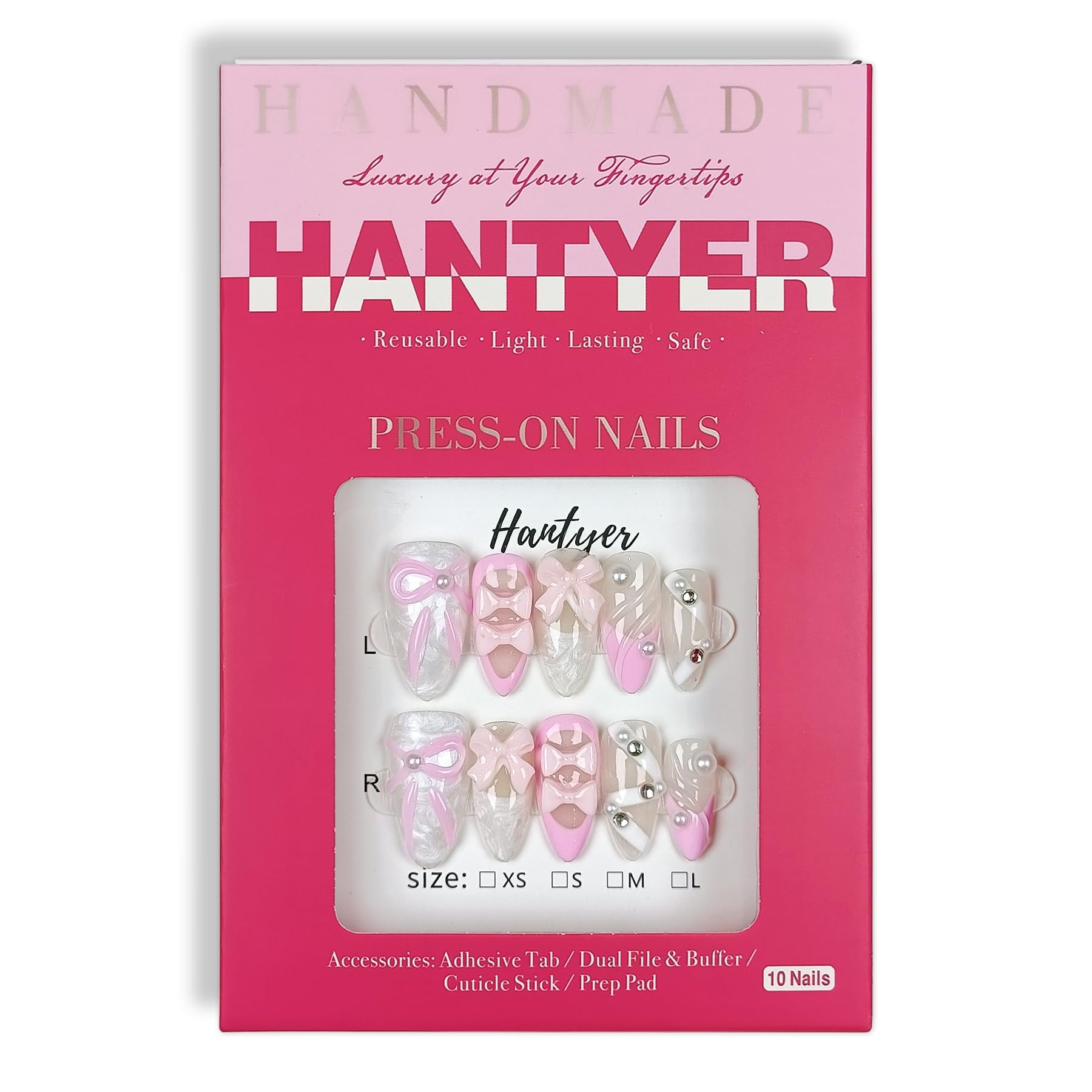 Hantyer 10PCS French Ballet-Inspired Press on Nails with Tools Kit, Medium Almond Glossy Nails in Pink & White, Gel Nails with 3D Bows, Pearls & Rhinestones, Sweet-Edgy Style for Women