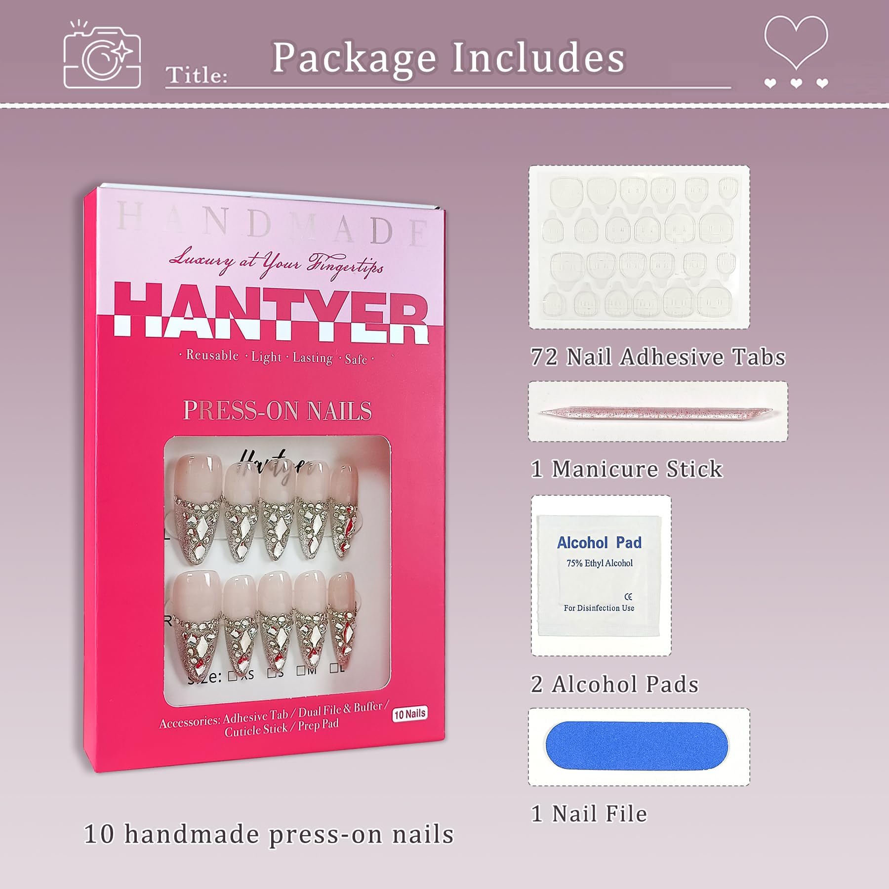Hantyer French Glam Press on Nails with Tools Kit, Long Stiletto Glossy Nails in Nude, Handmade Nails with Dazzling 3D Crystal Arrangement, Fake Nails Vintage-Inspired Style for Galas Event