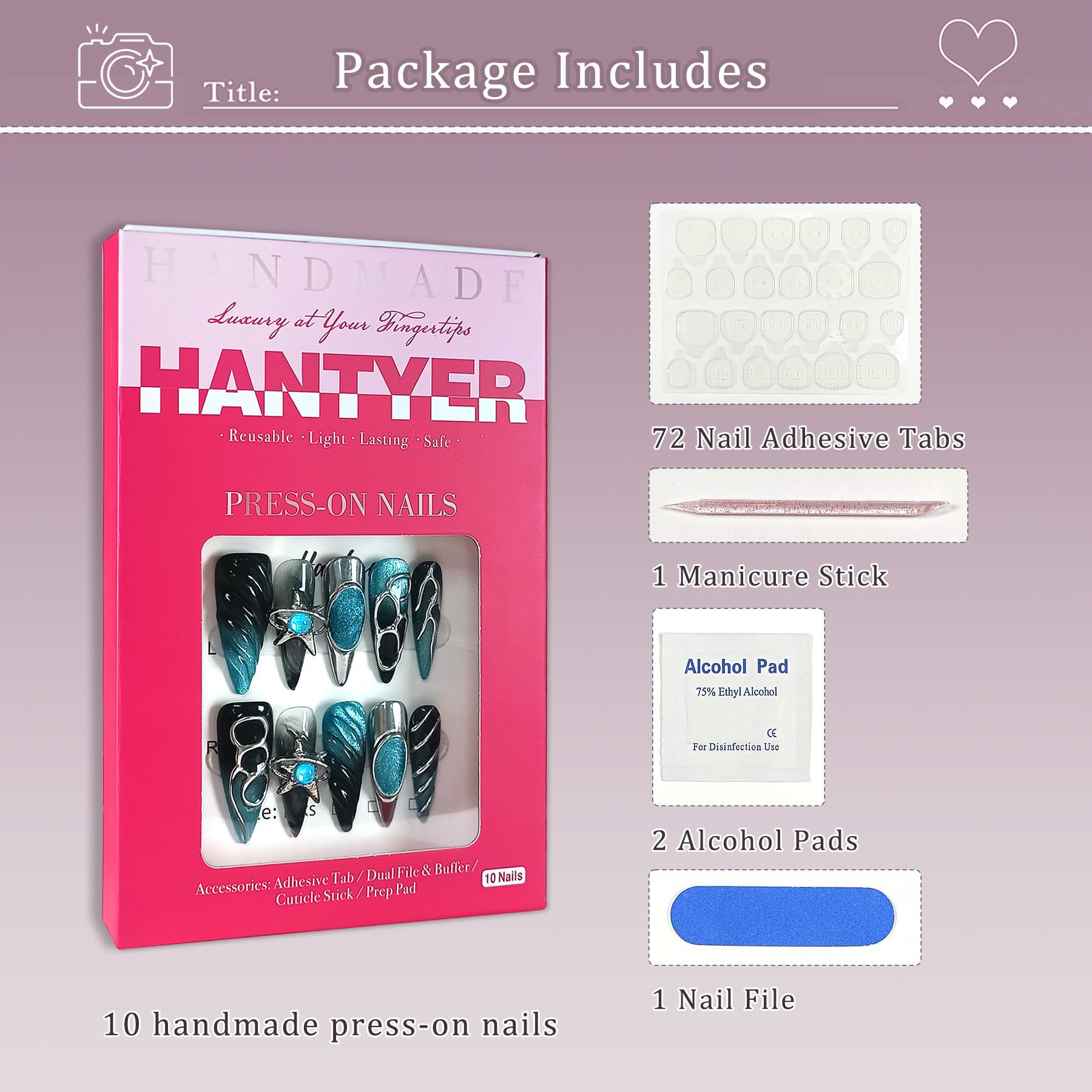 Hantyer Long Stiletto Press On Nails, Handmade Soft Gel Turquoise & Black Abstract Fake Nails with Unique 3D Ring & Metallic Swirls, Statement Reusable False Nails 10PCS Kit