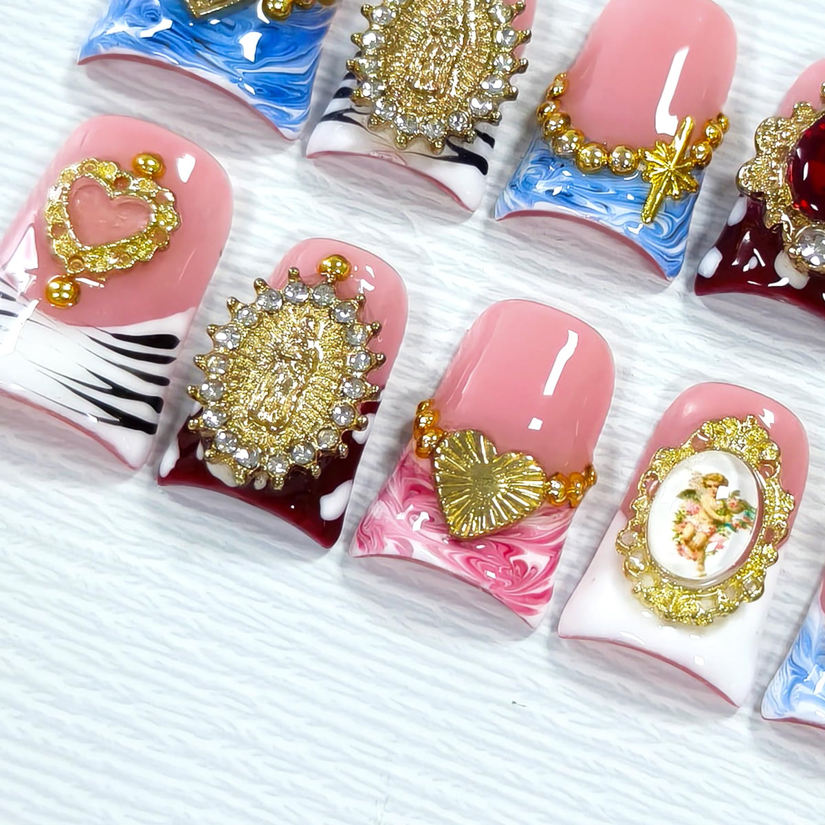 Hantyer Blue French Tip Press on Nails with Irregular Ombre Blending & 3D Metal Royal Crown Charms, Lipstick Shape Glossy Iced Regal Baroque Fake Nails, Reusable Opulent False Nails