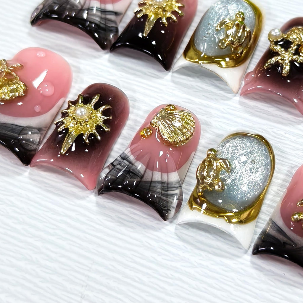 Hantyer Black Grey French Tip Cat Eye Press on Nails with 3D Metal Seashell, Starfish & Pearl Charms, Lipstick Shape Glossy Iced Sweet Cool Fake Nails, Edgy Glam False Nails for Party